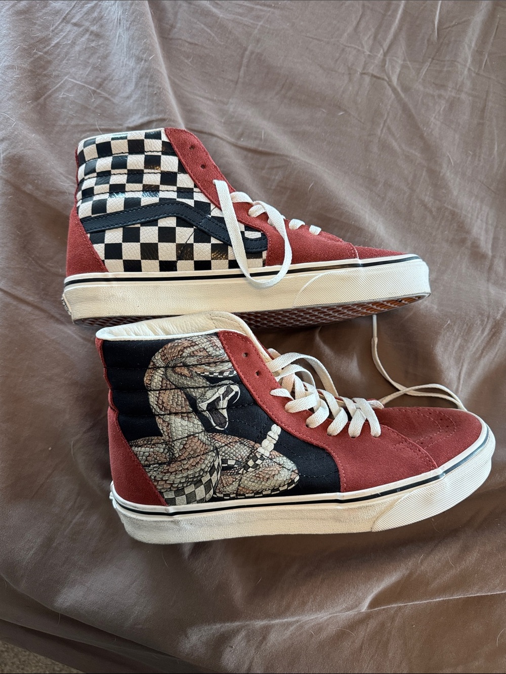 Checkerboard & Snake High-Top Sneakers in Red and Black